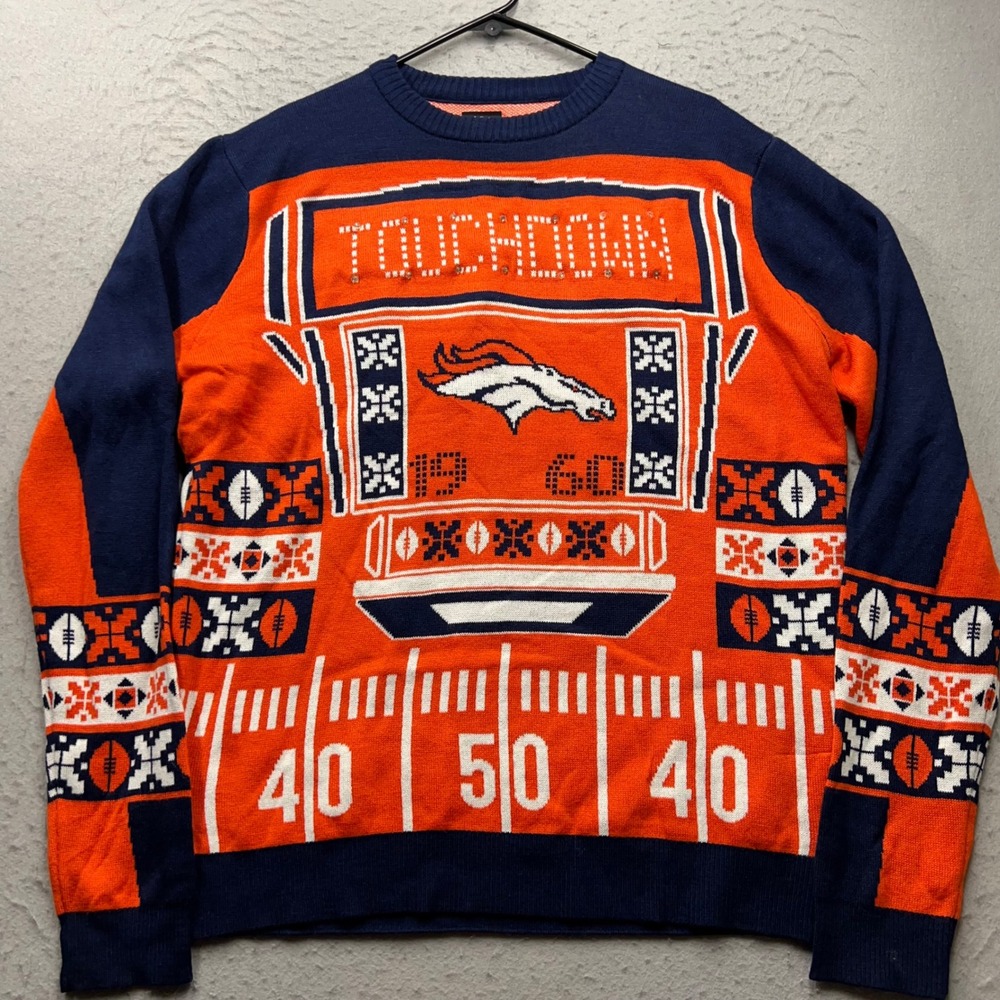 NFL Team Apparel Denver Broncos Light Up Ugly Christmas Sweater Mens L Orange